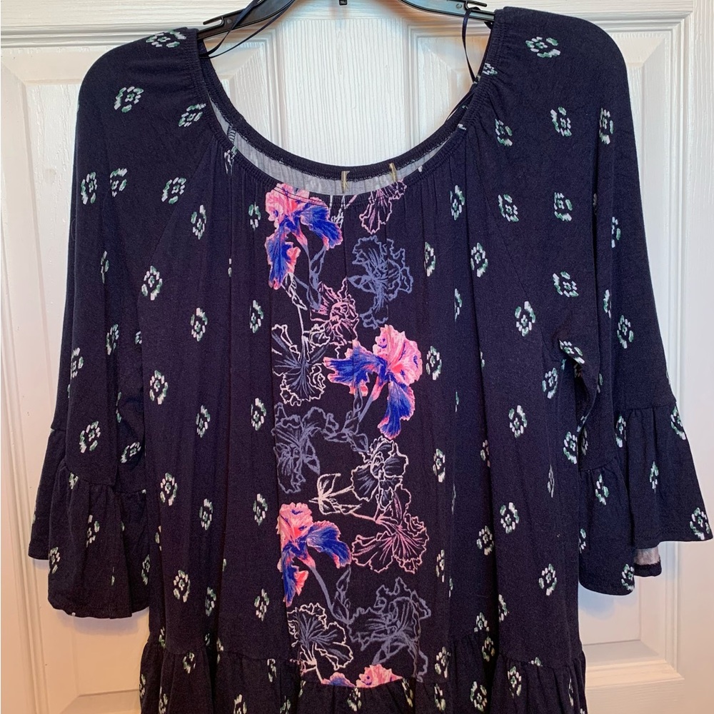Women's Floral Accent Navy Peasant Top